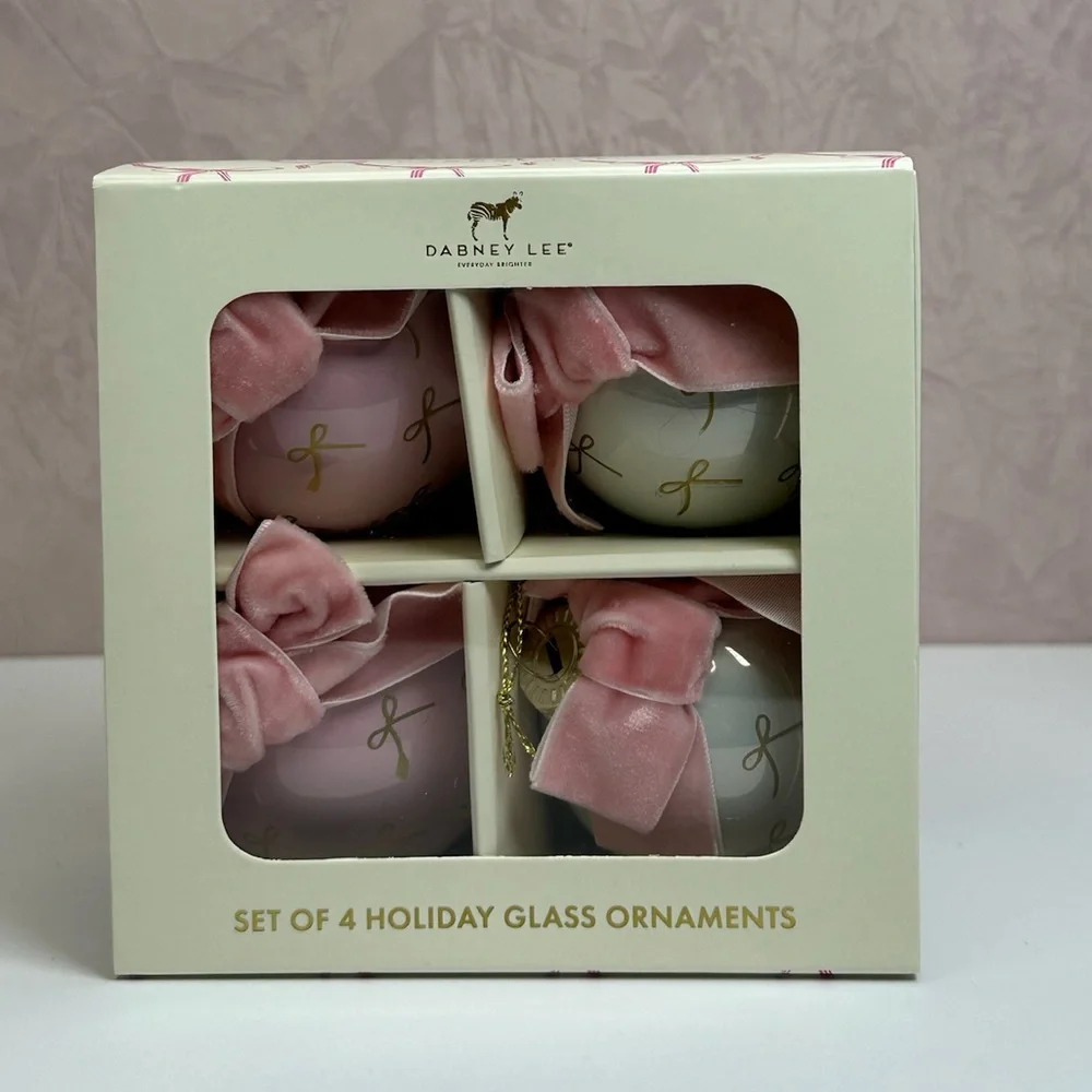 Dabney Lee Pink and Cream Coquette Bows Glass Ornaments Set